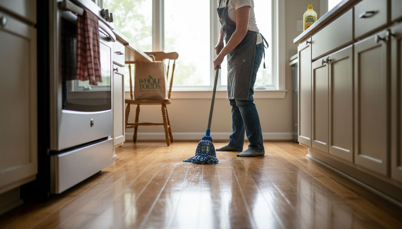 Woman using mop soap on kitchen floor