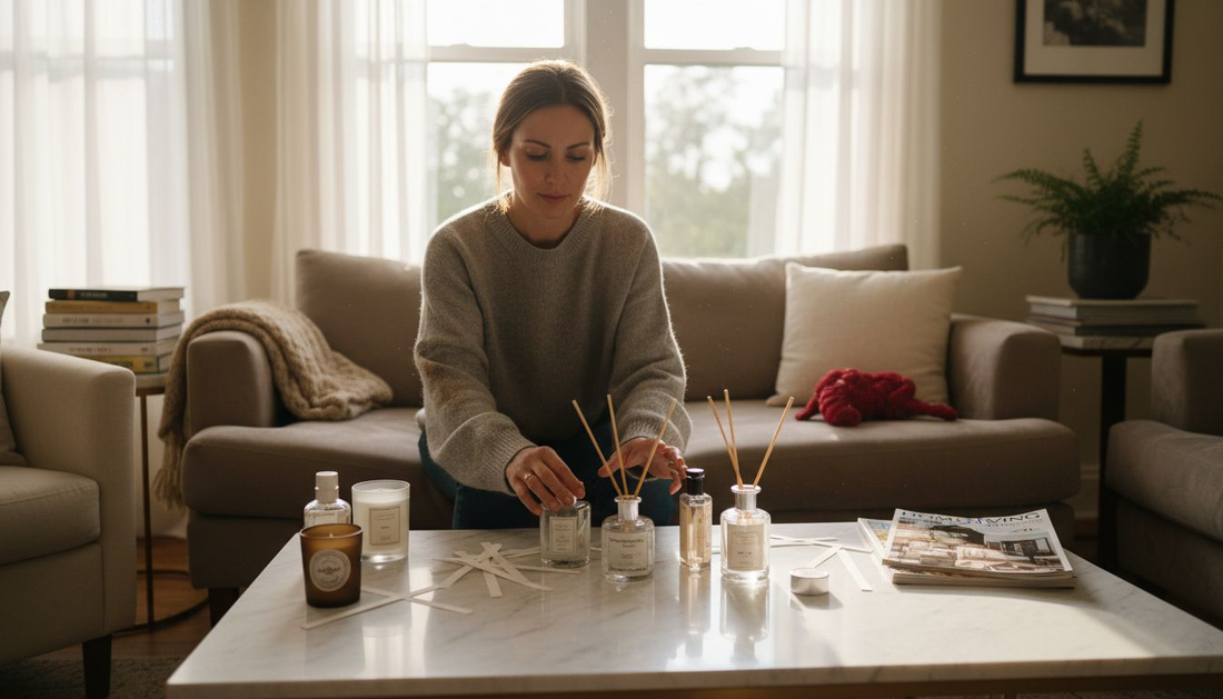 Person testing home fragrance options in living room