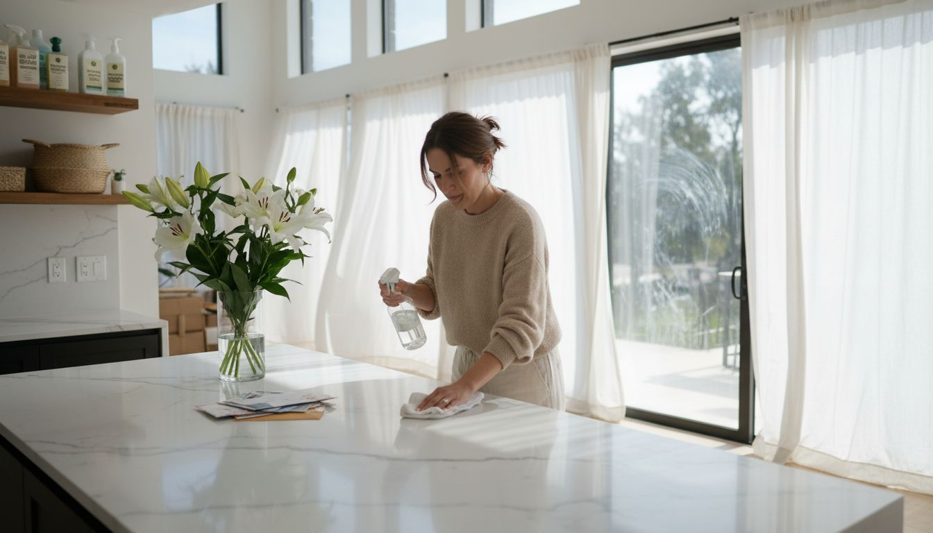 Woman cleaning resort style kitchen with scented products