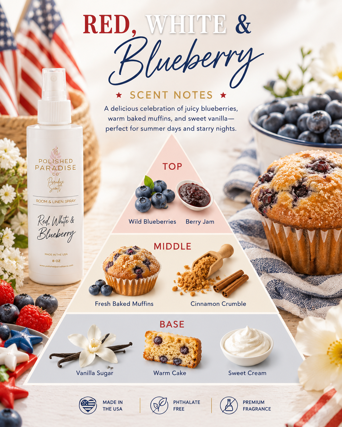 Red, White & Blueberry Scented Mop Soap – Blueberry Muffin Inspired Luxury Floor Cleaner, 32 oz