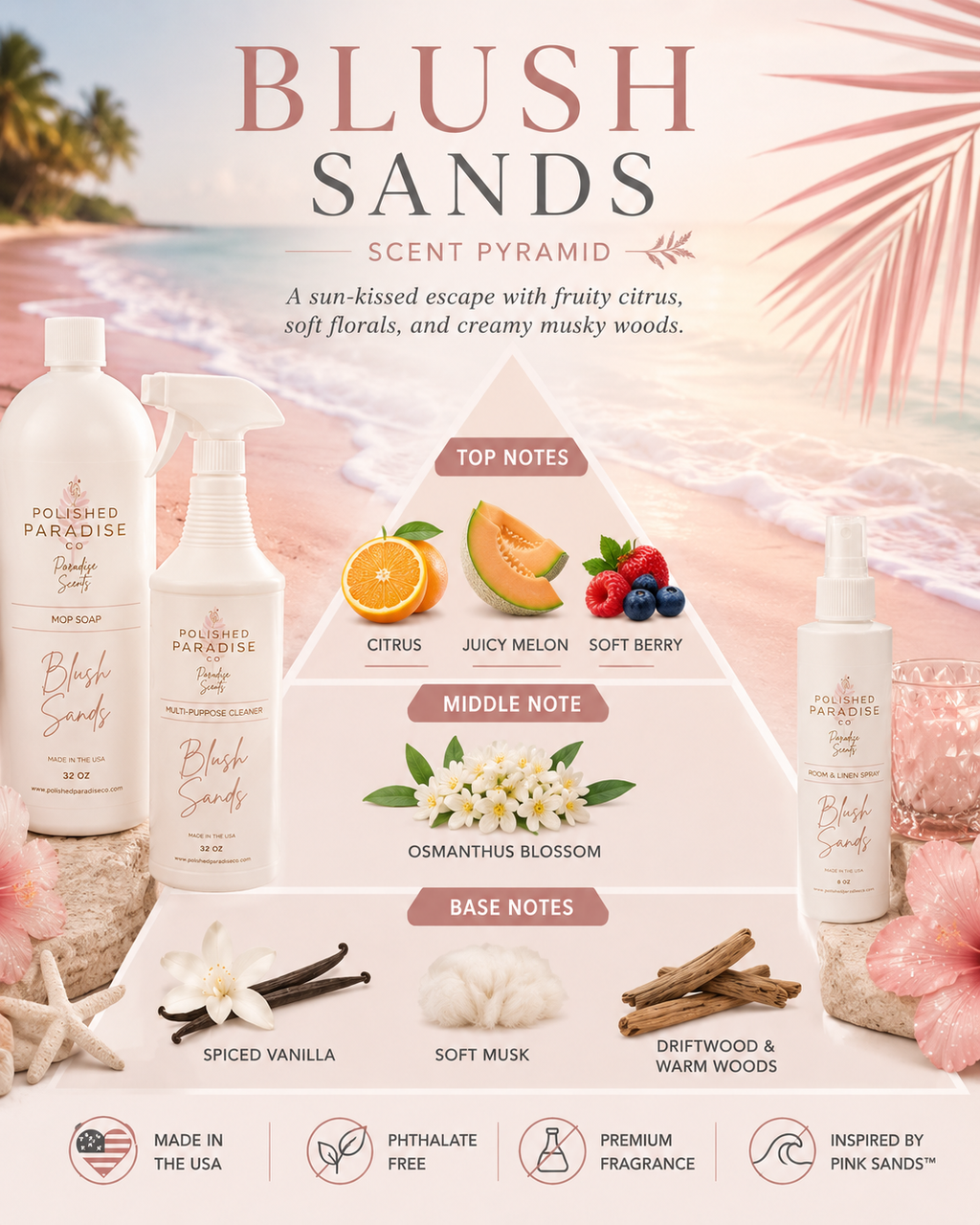 Blush Sands Scented Room Spray, Pink Sands Inspired Scented Home Fragrance Mist, Air Freshener, 8 oz