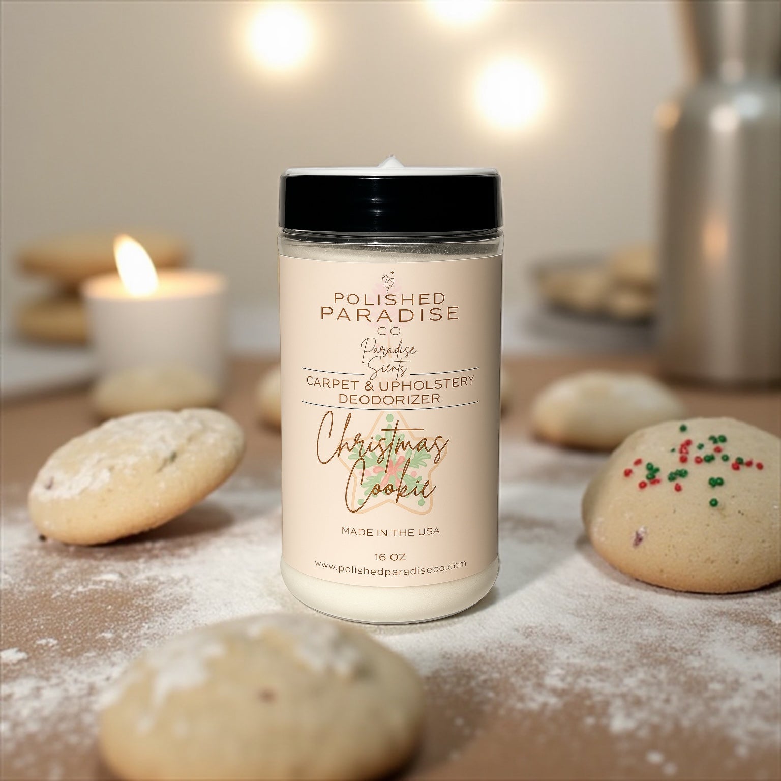 Polished Paradise Co Paradise Scents Carpet and Upholstery Deodorizer, Christmas Holiday Scent Powder for Rugs and Textiles, 16 Oz