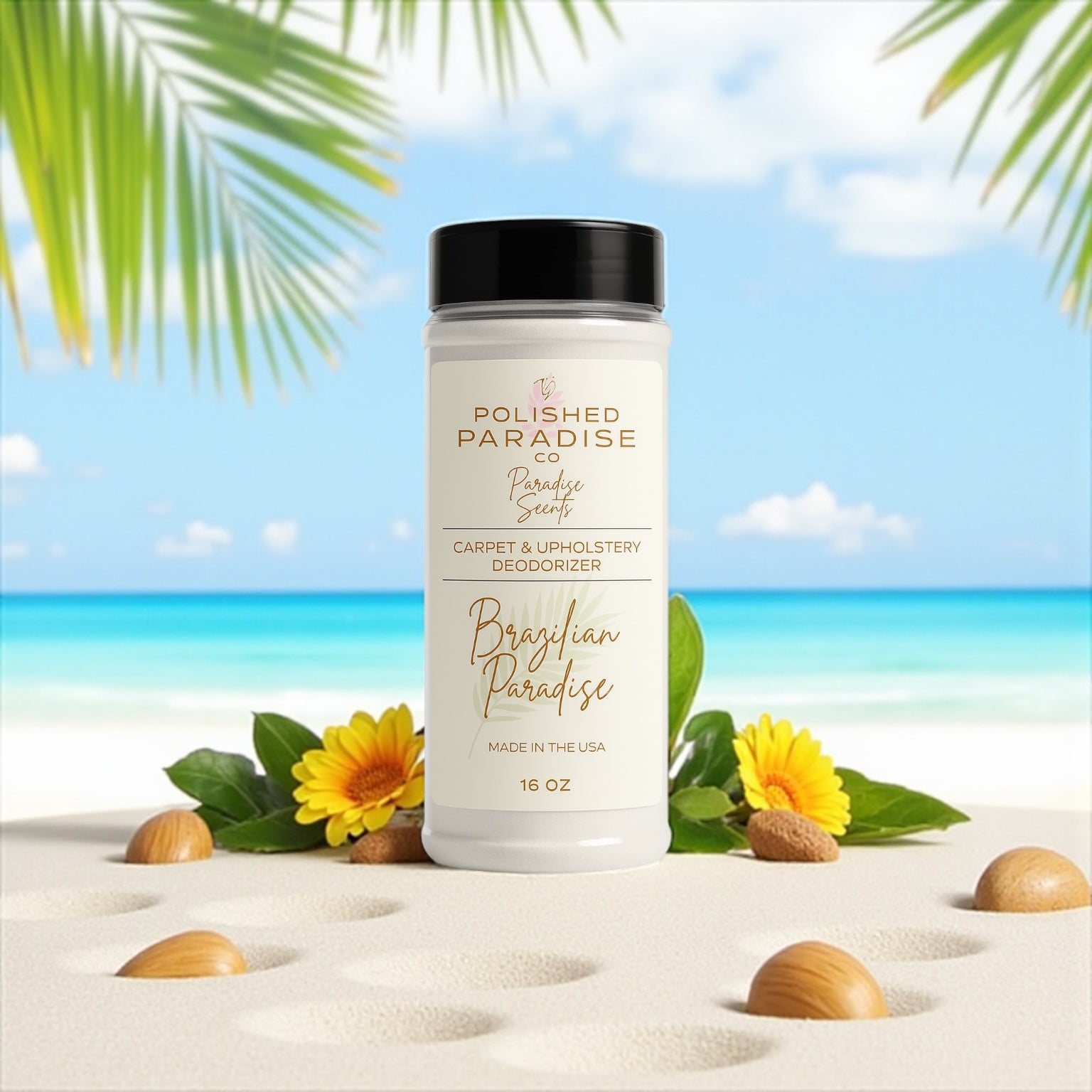 Polished Paradise Co Paradise Scents Carpet and Upholstery Deodorizer, Tropical Scent Powder for Rugs and Textiles, 16 Oz
