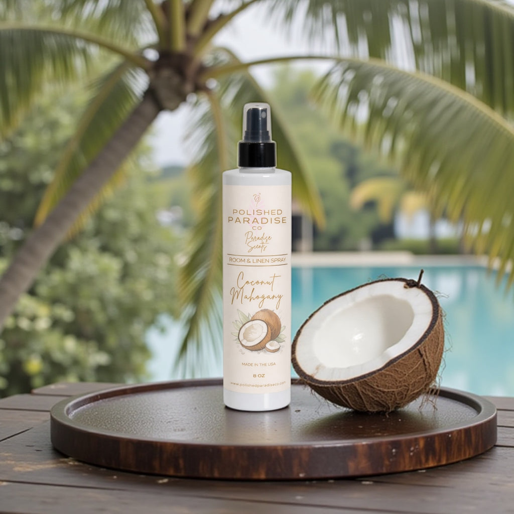 Polished Paradise Co Paradise Scents Room Spray, Tropical Cozy Luxury Masculine Home Fragrance Mist, Air Freshener, 8 oz