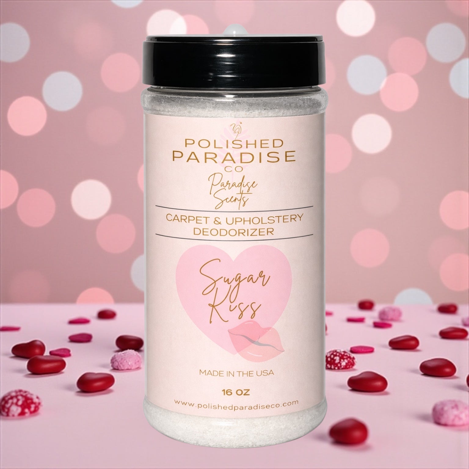 Polished Paradise Co Paradise Scents Pink Sugar KIss Carpet and Upholstery Deodorizer, Valentine's Day Holiday Scent Powder for Rugs and Textiles, 16 Oz
