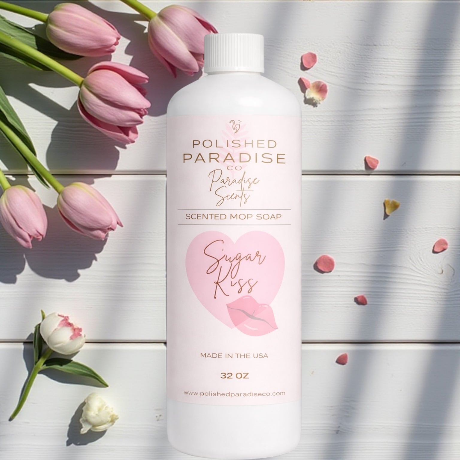 Polished Paradise Co Paradise Scents Pink Sugar Kiss Scented Mop Soap, Valentine's Day Holiday Floor Cleaner, Made in USA, 32 Oz