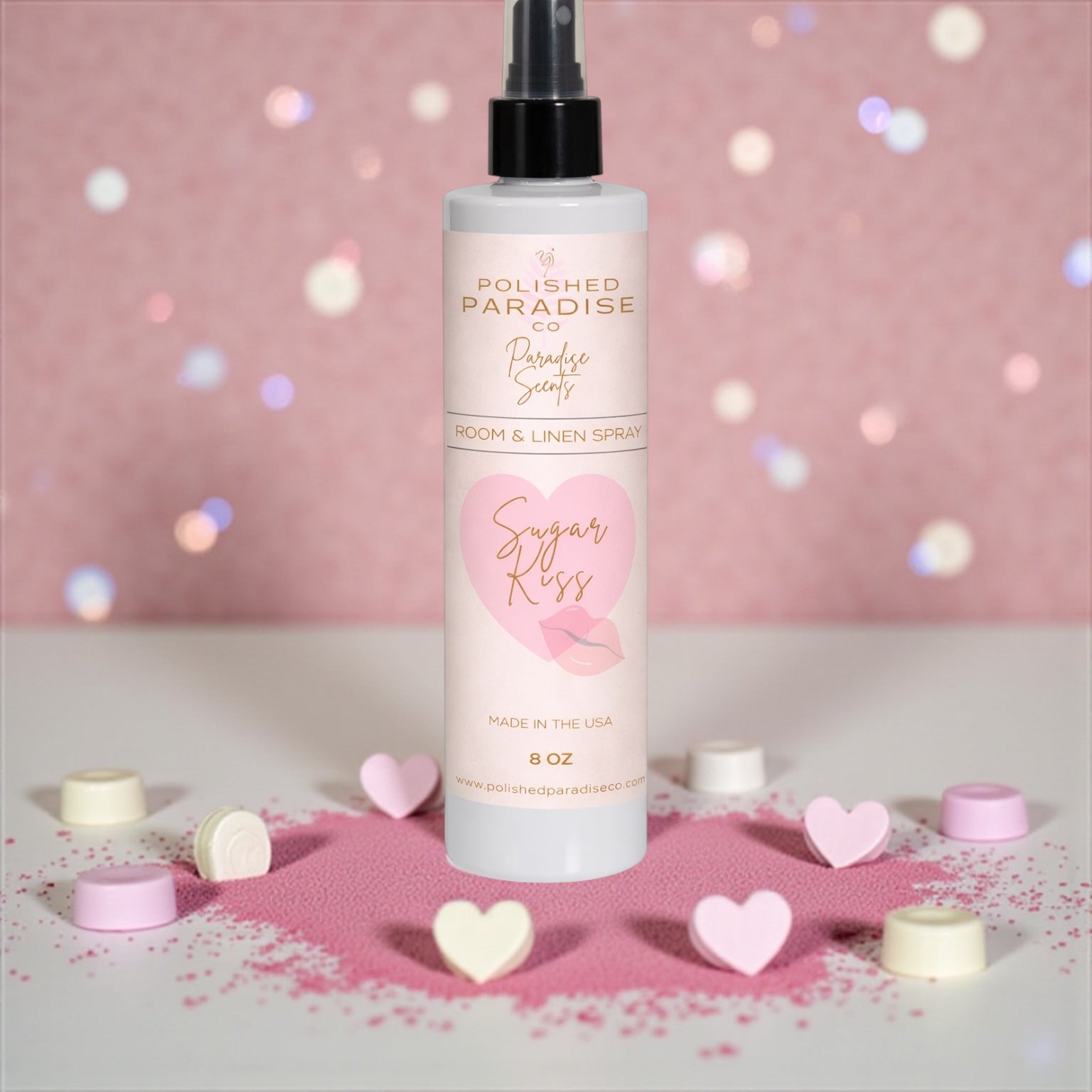 Polished Paradise Co Paradise Scents Room Spray, Pink Sugar Kiss Valentine's Day Holiday Home Fragrance Mist, Air Freshener, 8 oz