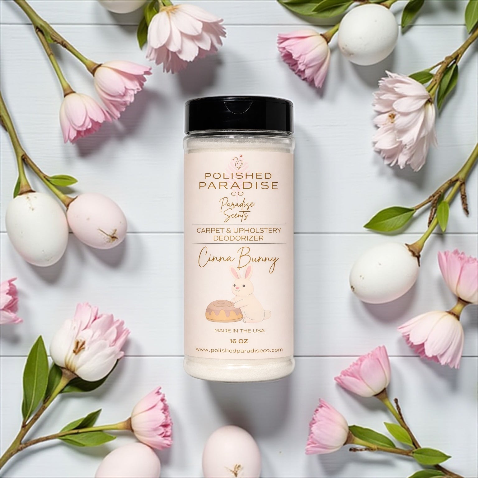 Polished Paradise Co Paradise Scents CinnaBunny Cinnamon Bun Carpet and Upholstery Deodorizer, Easter Holiday Scent Powder for Rugs and Textiles, 16 Oz