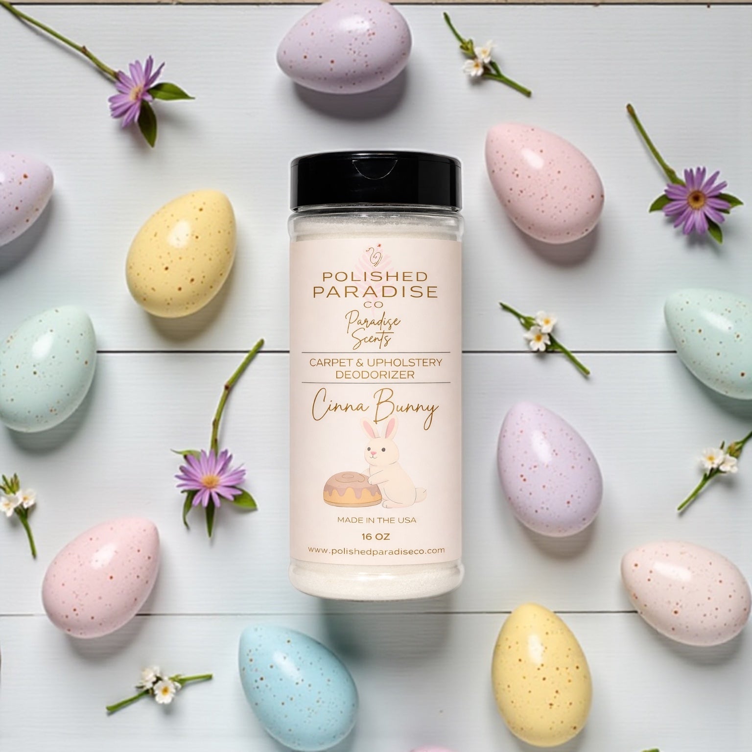 Polished Paradise Co Paradise Scents CinnaBunny Cinnamon Bun Carpet and Upholstery Deodorizer, Easter Holiday Scent Powder for Rugs and Textiles, 16 Oz