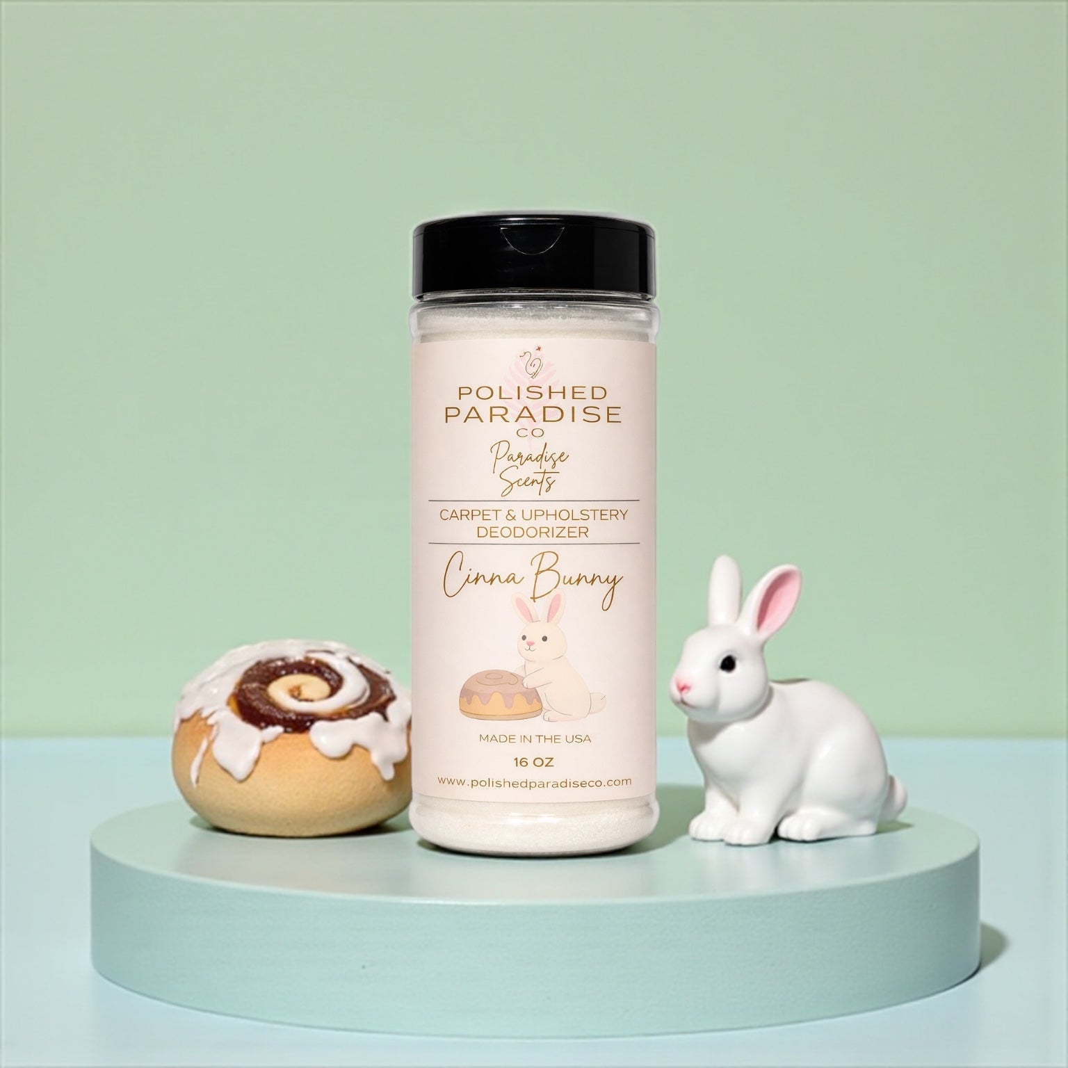 Polished Paradise Co Paradise Scents CinnaBunny Cinnamon Bun Carpet and Upholstery Deodorizer, Easter Holiday Scent Powder for Rugs and Textiles, 16 Oz