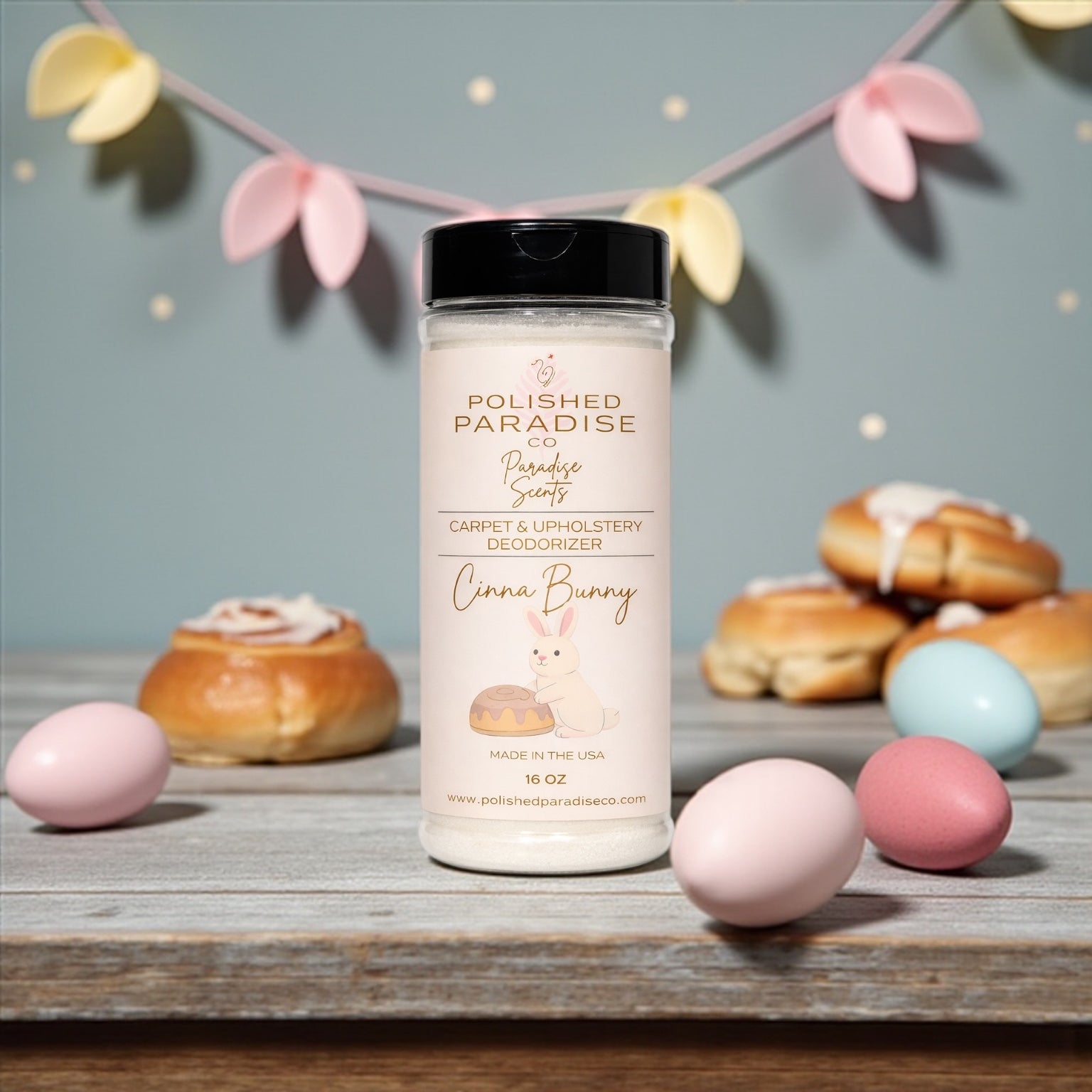 Polished Paradise Co Paradise Scents CinnaBunny Cinnamon Bun Carpet and Upholstery Deodorizer, Easter Holiday Scent Powder for Rugs and Textiles, 16 Oz