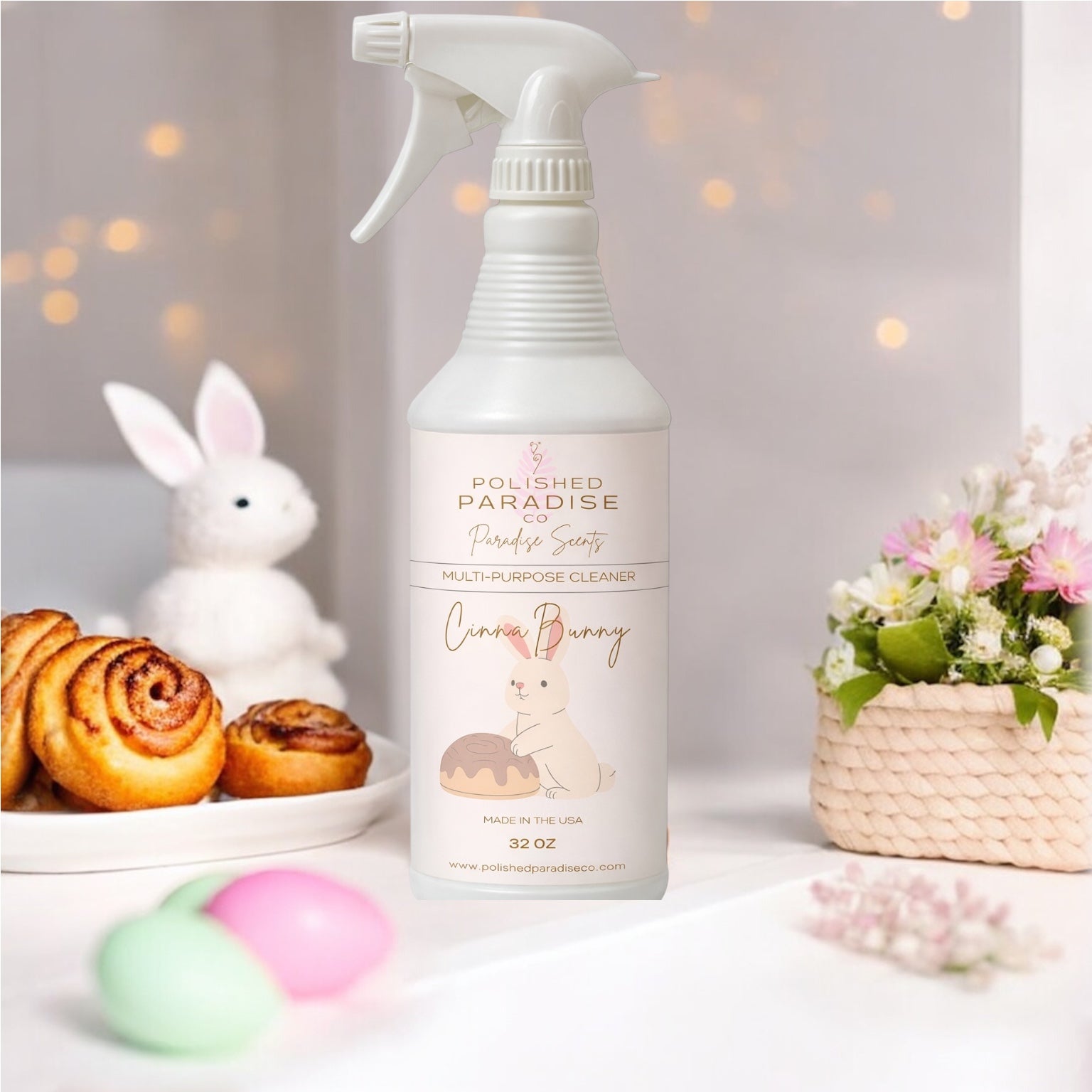 Polished Paradise Co Paradise Scents Easter CinnaBunny (Cinnamon Bun) Scented Multi Purpose Spray Holiday Home Fragrance Hard Surface Cleaner 32 OZ
