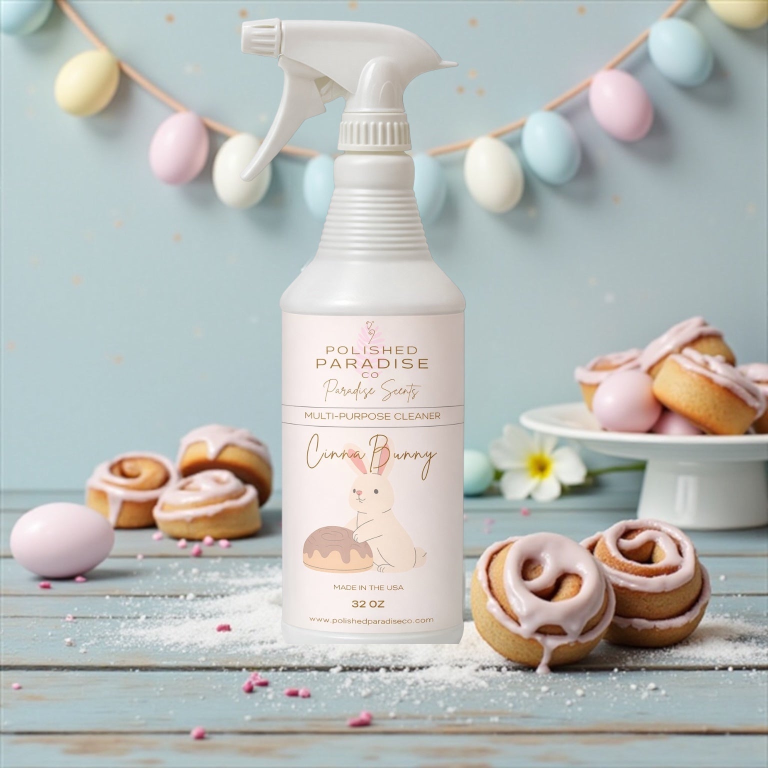 Polished Paradise Co Paradise Scents Easter CinnaBunny (Cinnamon Bun) Scented Multi Purpose Spray Holiday Home Fragrance Hard Surface Cleaner 32 OZ