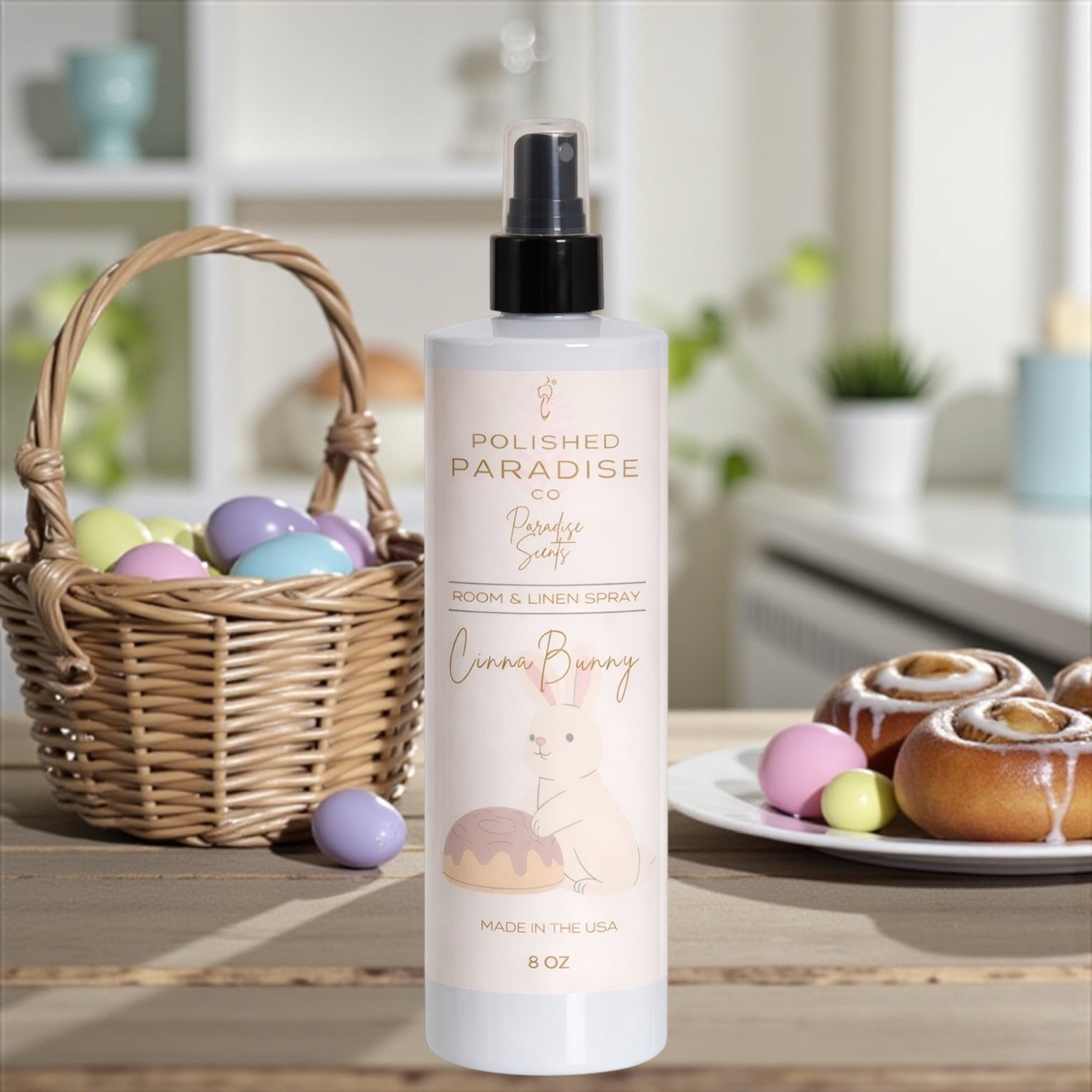 Polished Paradise Co Paradise Scents Room Spray, CinnaBunny Cinnamon Bun Scented Easter Holiday Home Fragrance Mist, Air Freshener, 8 oz
