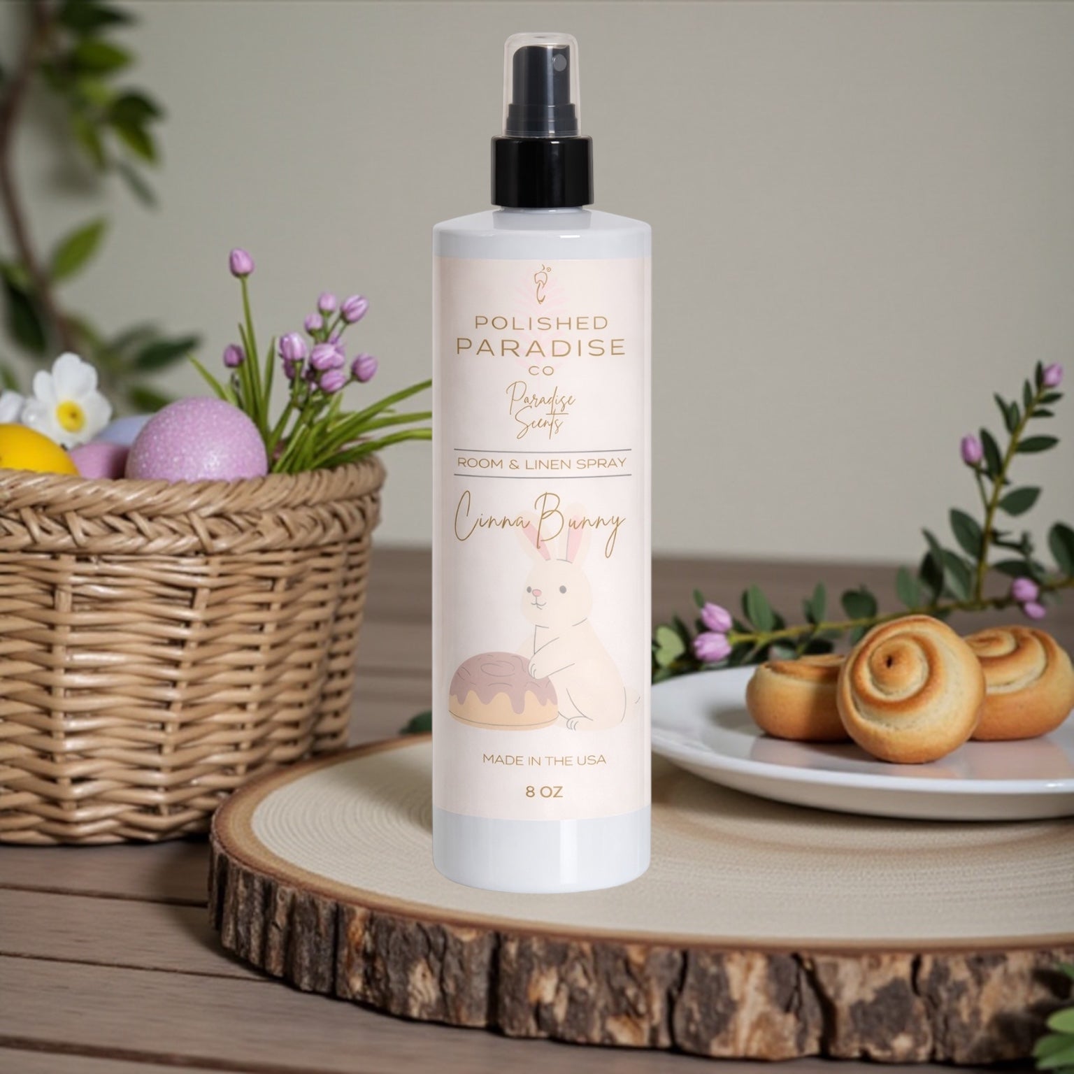 Polished Paradise Co Paradise Scents Room Spray, CinnaBunny Cinnamon Bun Scented Easter Holiday Home Fragrance Mist, Air Freshener, 8 oz