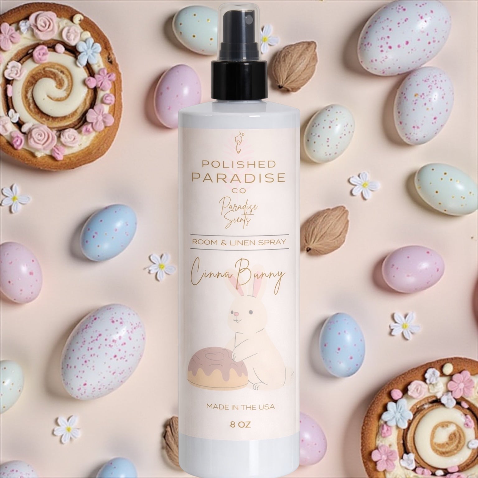 Polished Paradise Co Paradise Scents Room Spray, CinnaBunny Cinnamon Bun Scented Easter Holiday Home Fragrance Mist, Air Freshener, 8 oz