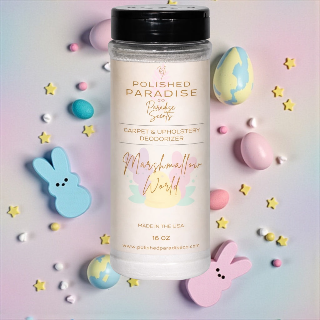 Vanilla Marshmallow World Scented Carpet and Upholstery Deodorizer, Easter Holiday Scent Powder for Rugs and Textiles, 16 Oz