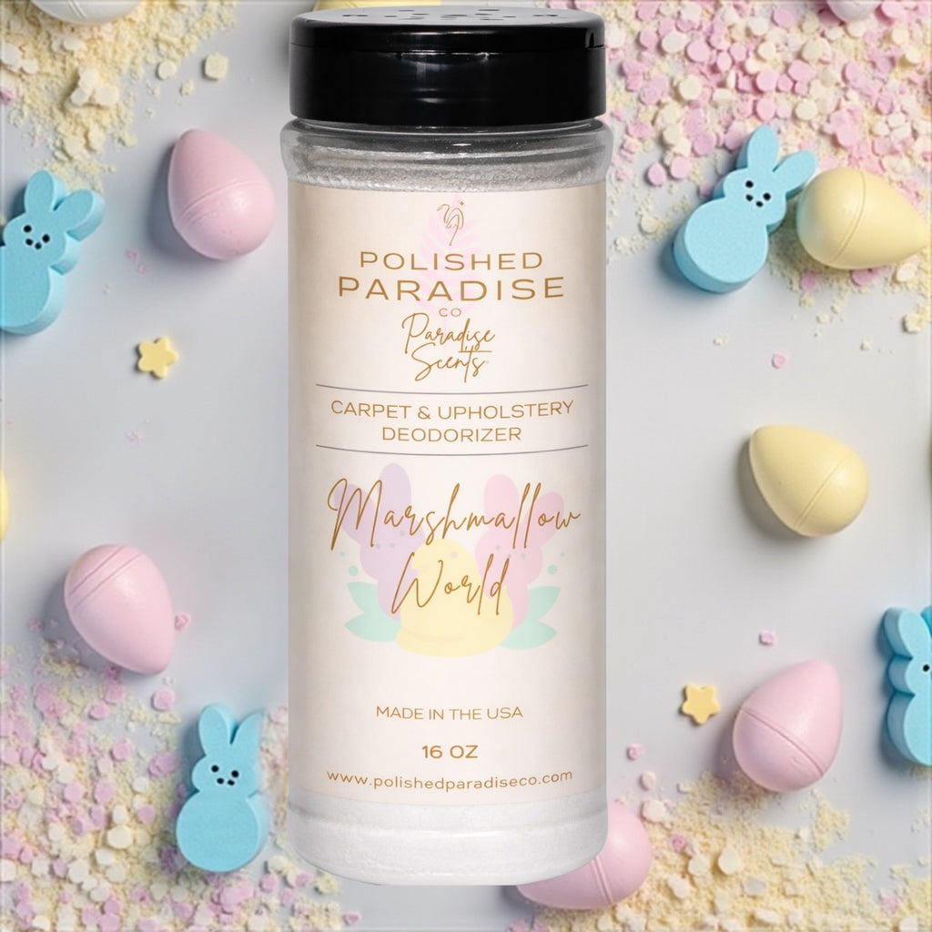 Vanilla Marshmallow World Scented Carpet and Upholstery Deodorizer, Easter Holiday Scent Powder for Rugs and Textiles, 16 Oz