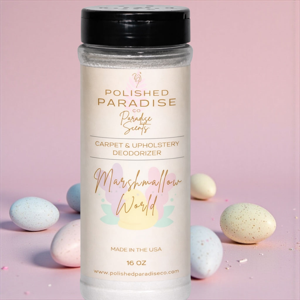 Vanilla Marshmallow World Scented Carpet and Upholstery Deodorizer, Easter Holiday Scent Powder for Rugs and Textiles, 16 Oz