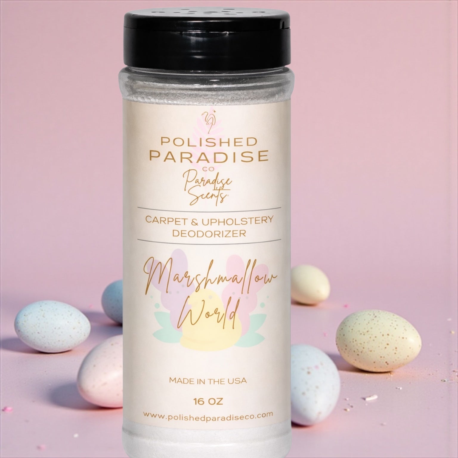 Vanilla Marshmallow World Scented Carpet and Upholstery Deodorizer, Easter Holiday Scent Powder for Rugs and Textiles, 16 Oz