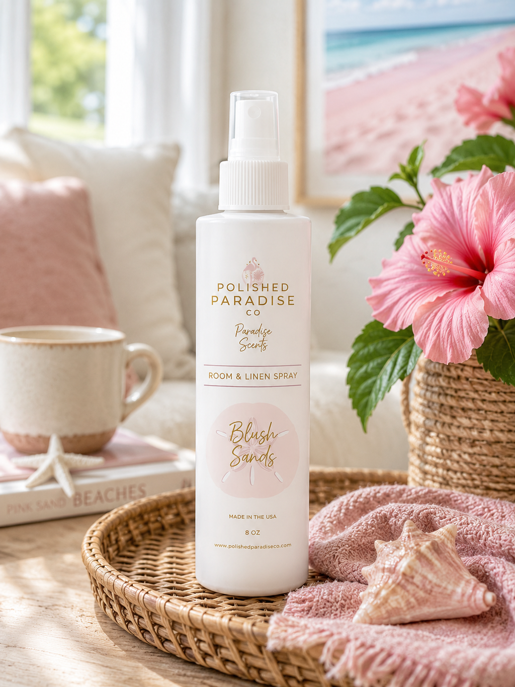 Blush Sands Scented Room Spray, Pink Sands Inspired Scented Home Fragrance Mist, Air Freshener, 8 oz